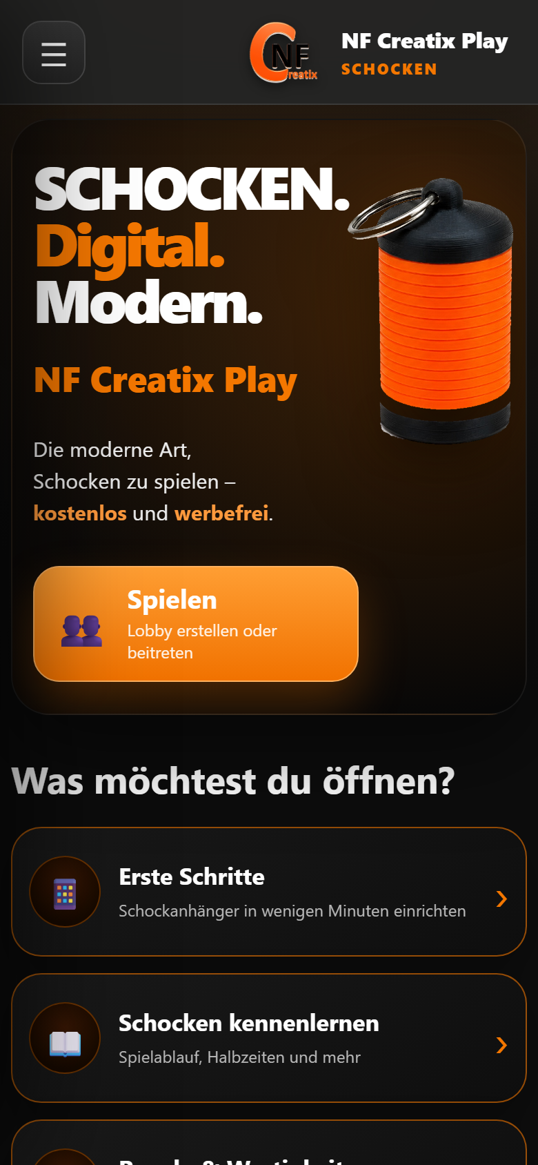 Startseite von NF Creatix Play mit Schockanhänger und Spielen-Button